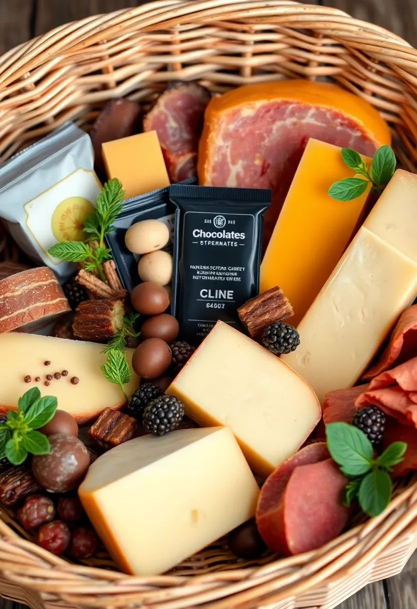 Gourmet snack basket with assorted cheeses and chocolates.