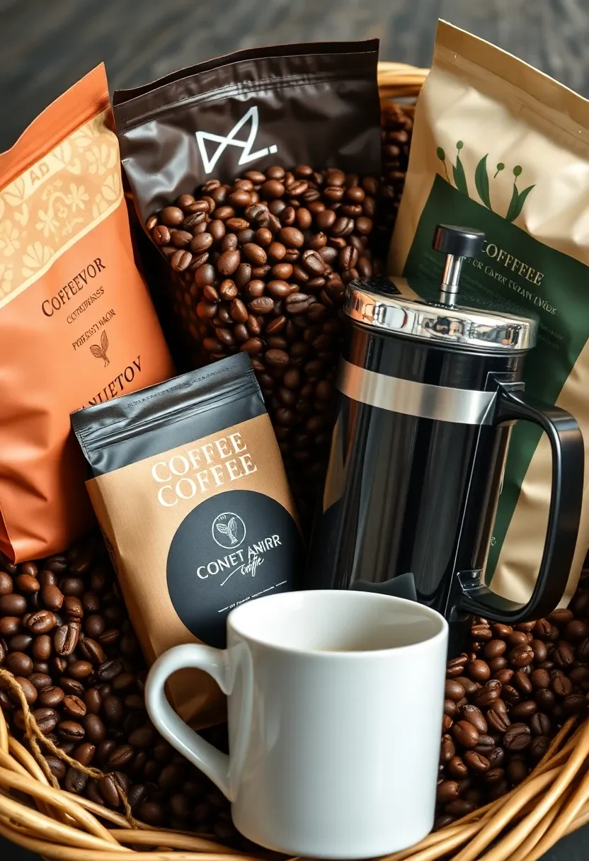 Coffee lover's gift basket with coffee beans and a French press.