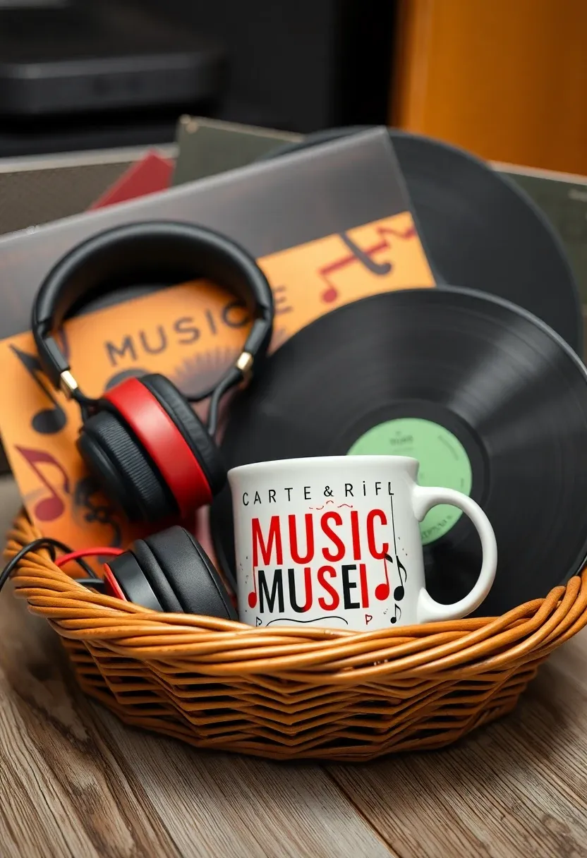 Music lover's gift basket with headphones and records.