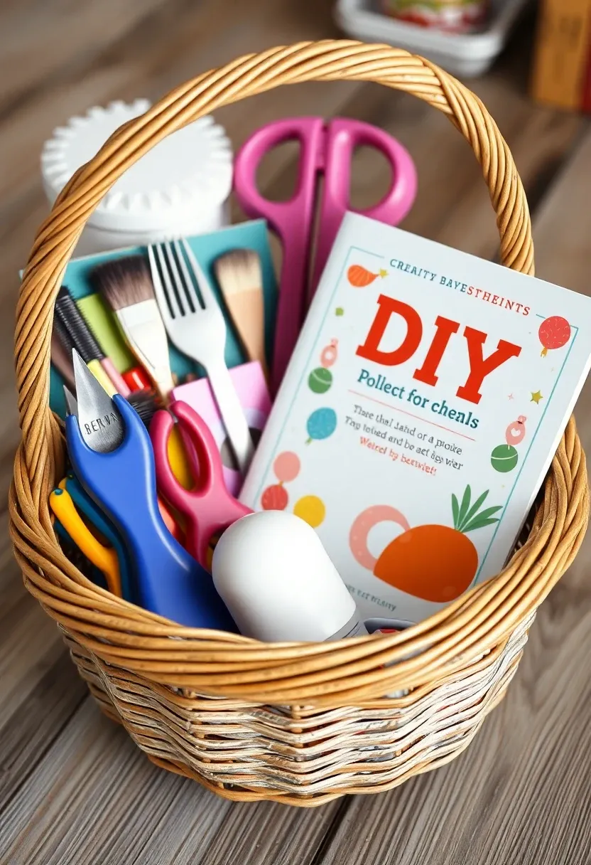 DIY hobbyist gift basket with tools and project book.