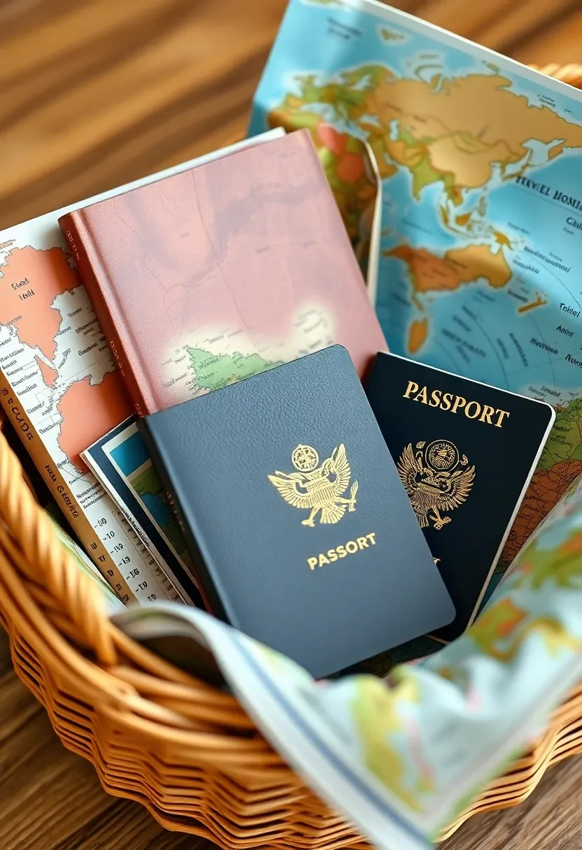Travel gift basket with guidebook and passport holder.