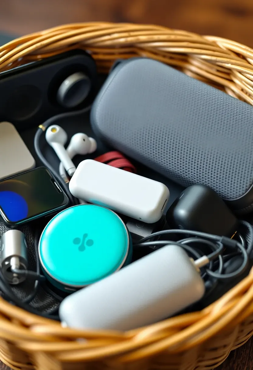Tech gadget gift basket with earbuds and a charger.