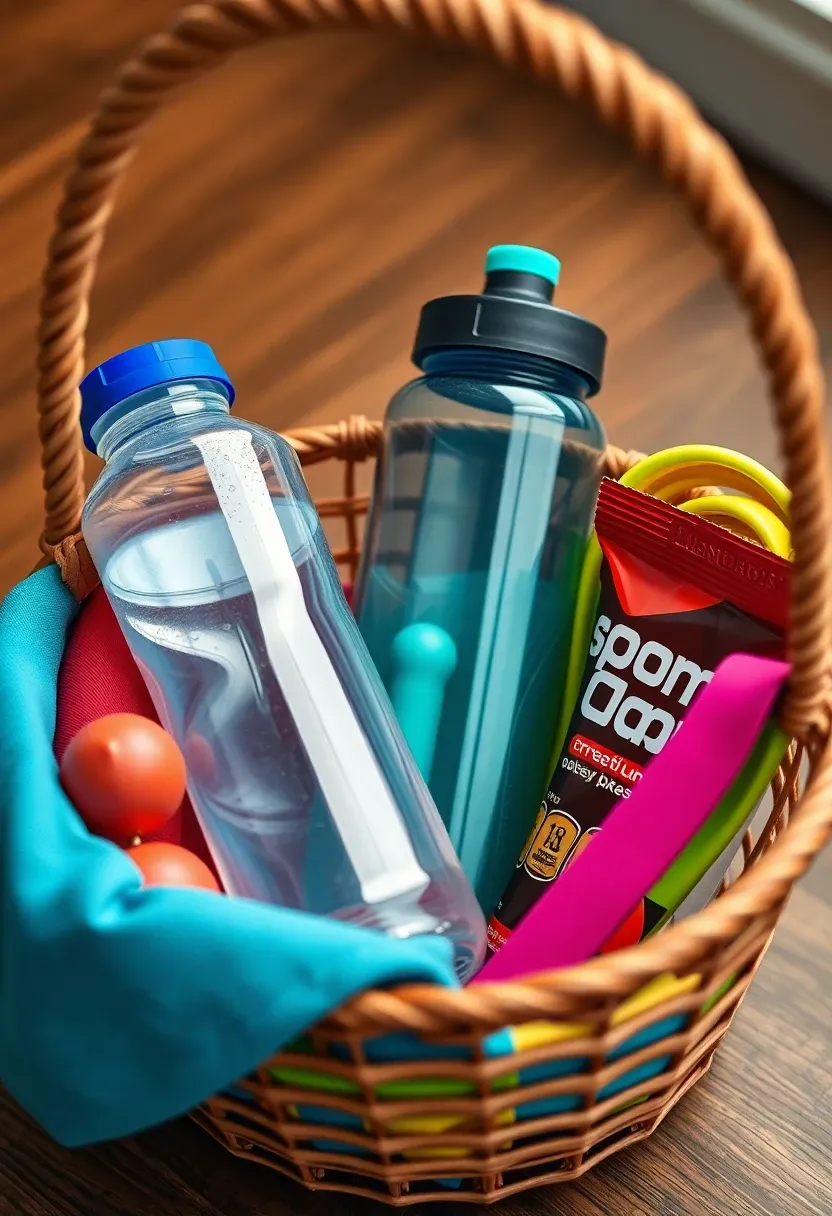 Fitness gift basket with water bottle and protein snacks.