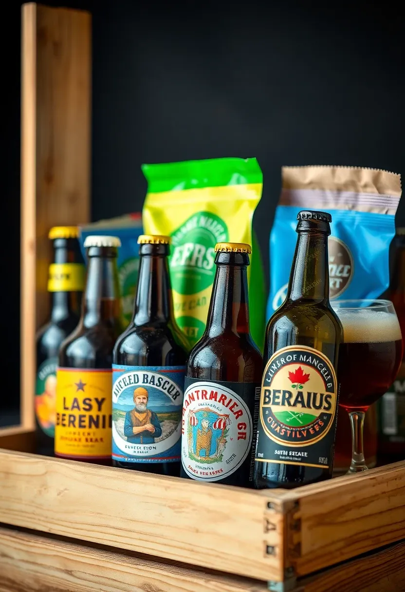 Craft beer sampler gift basket with beer bottles and glasses.