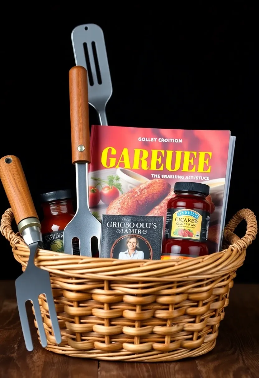 Grill master gift basket with BBQ tools and sauces.