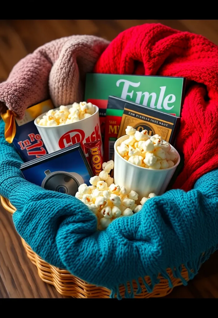 Movie night gift basket with popcorn and DVDs.