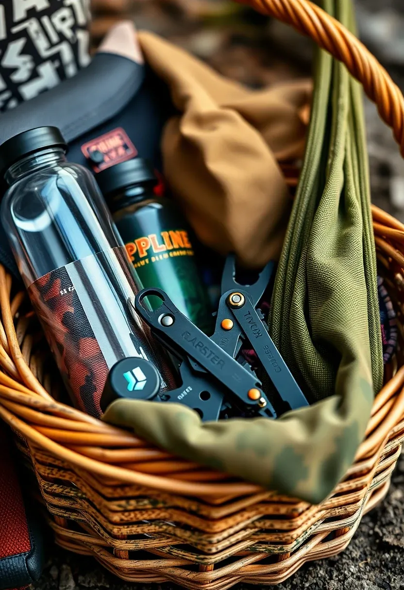 Adventure gift basket with outdoor gear and a map.