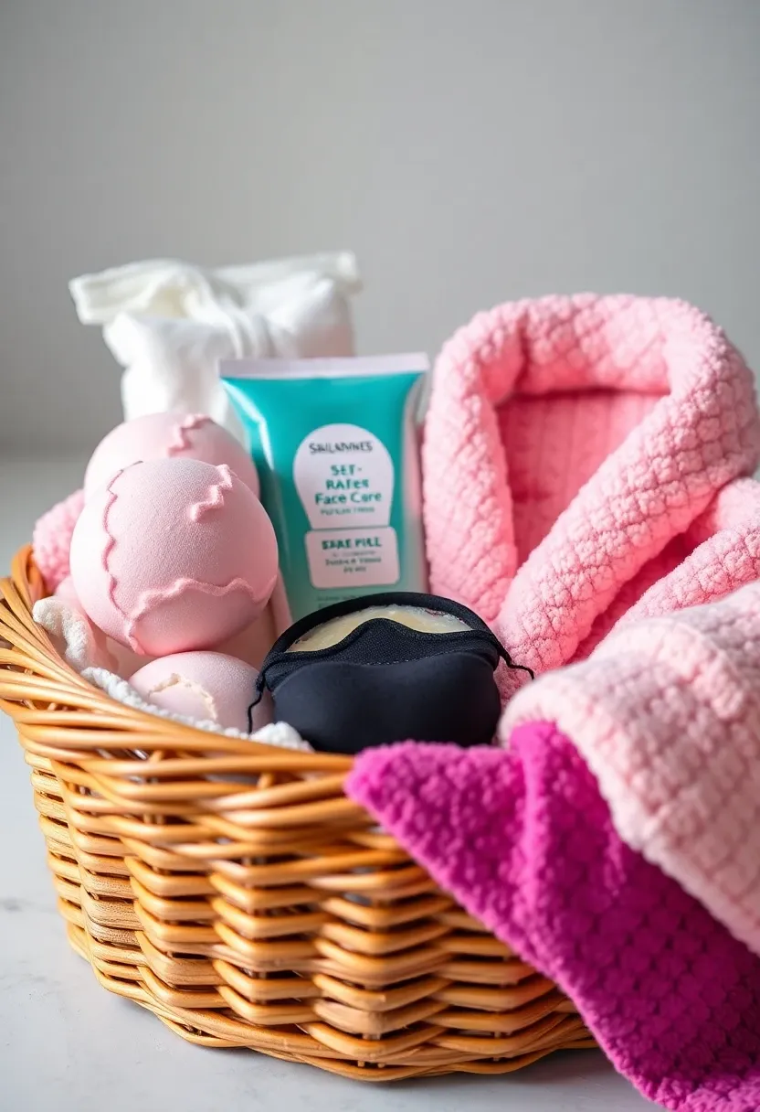 Self-care gift basket with bath bombs and a robe.