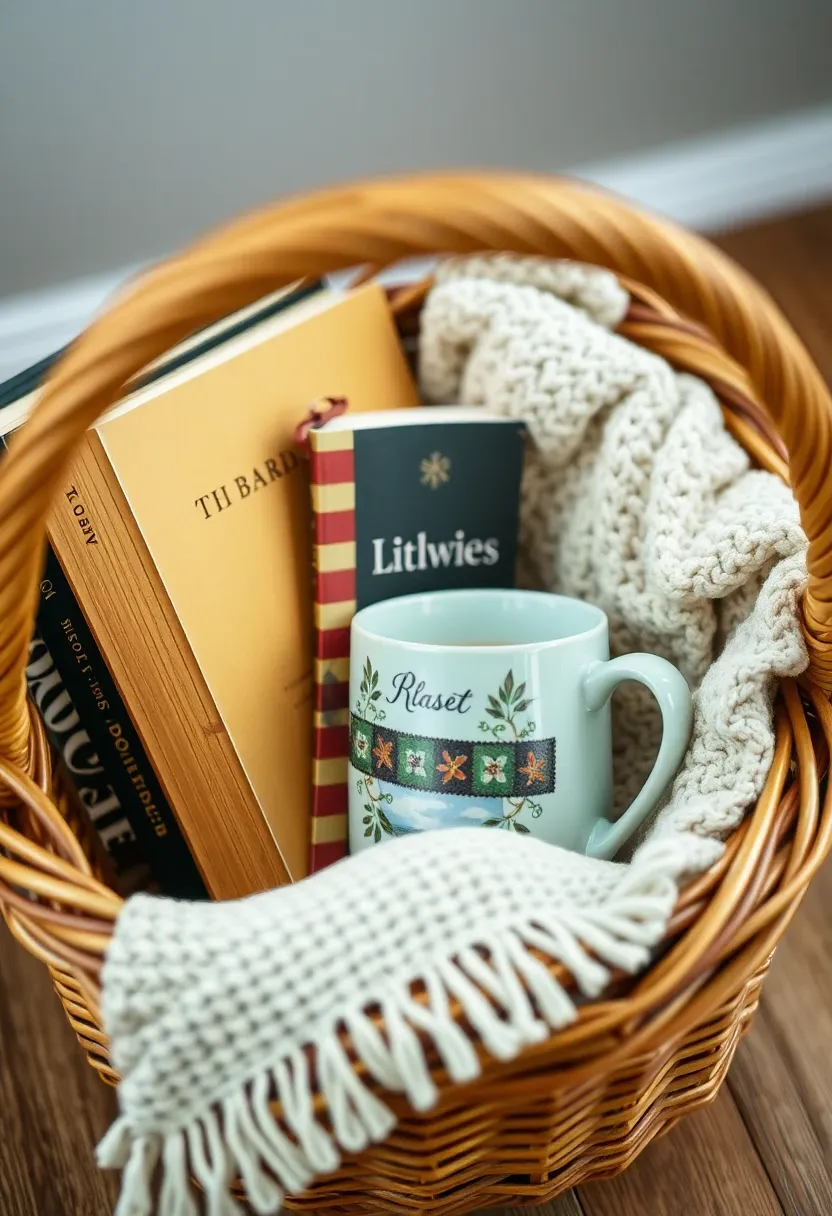 Bookworm gift basket with books and a mug.