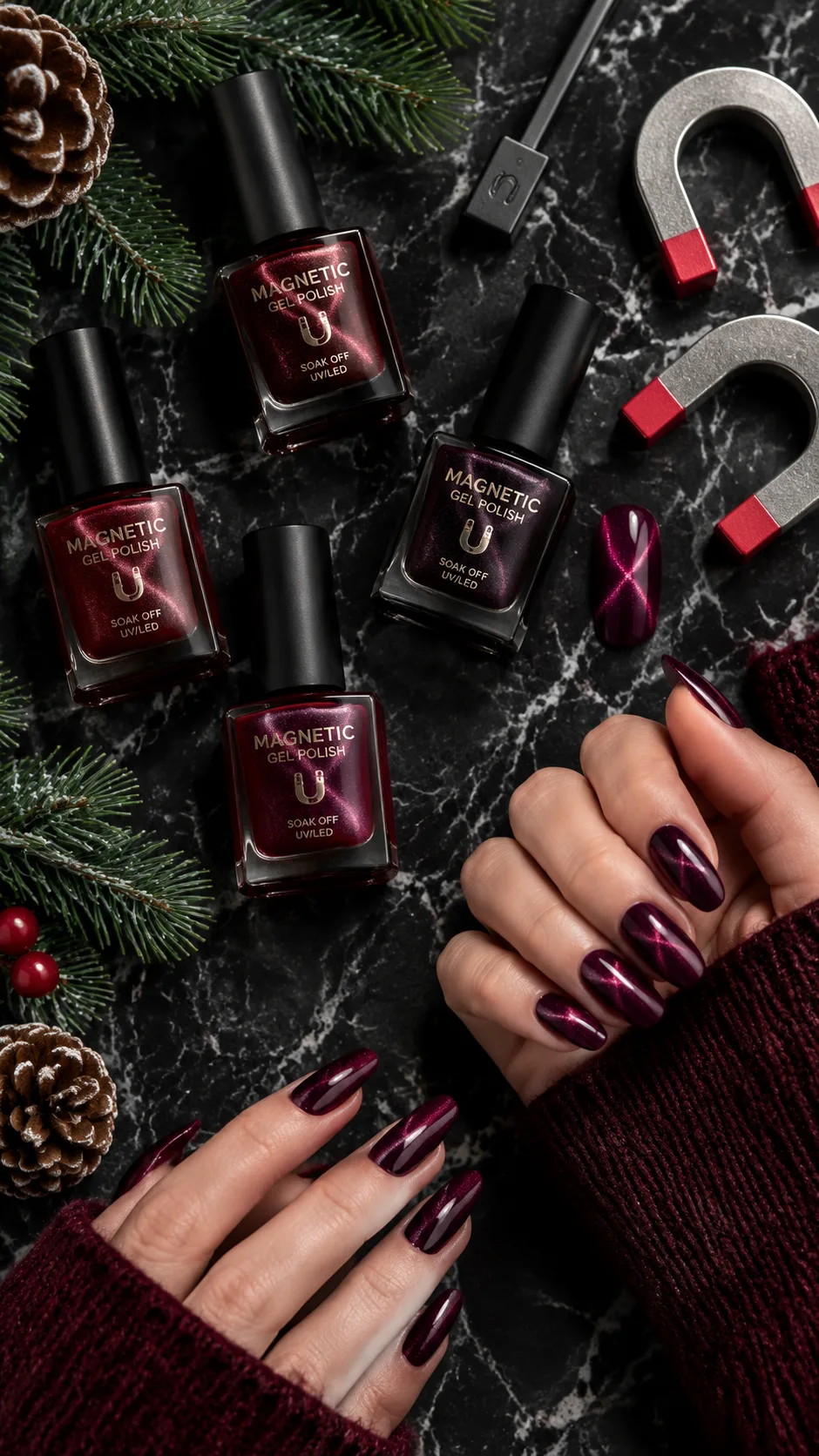 Overhead aesthetic flat-lay of several bottles of magnetic gel polish, strong neodymium horseshoe magnets, and manicured hands displaying deep bordeaux velvet nails on a dark marble countertop with fresh pine sprigs