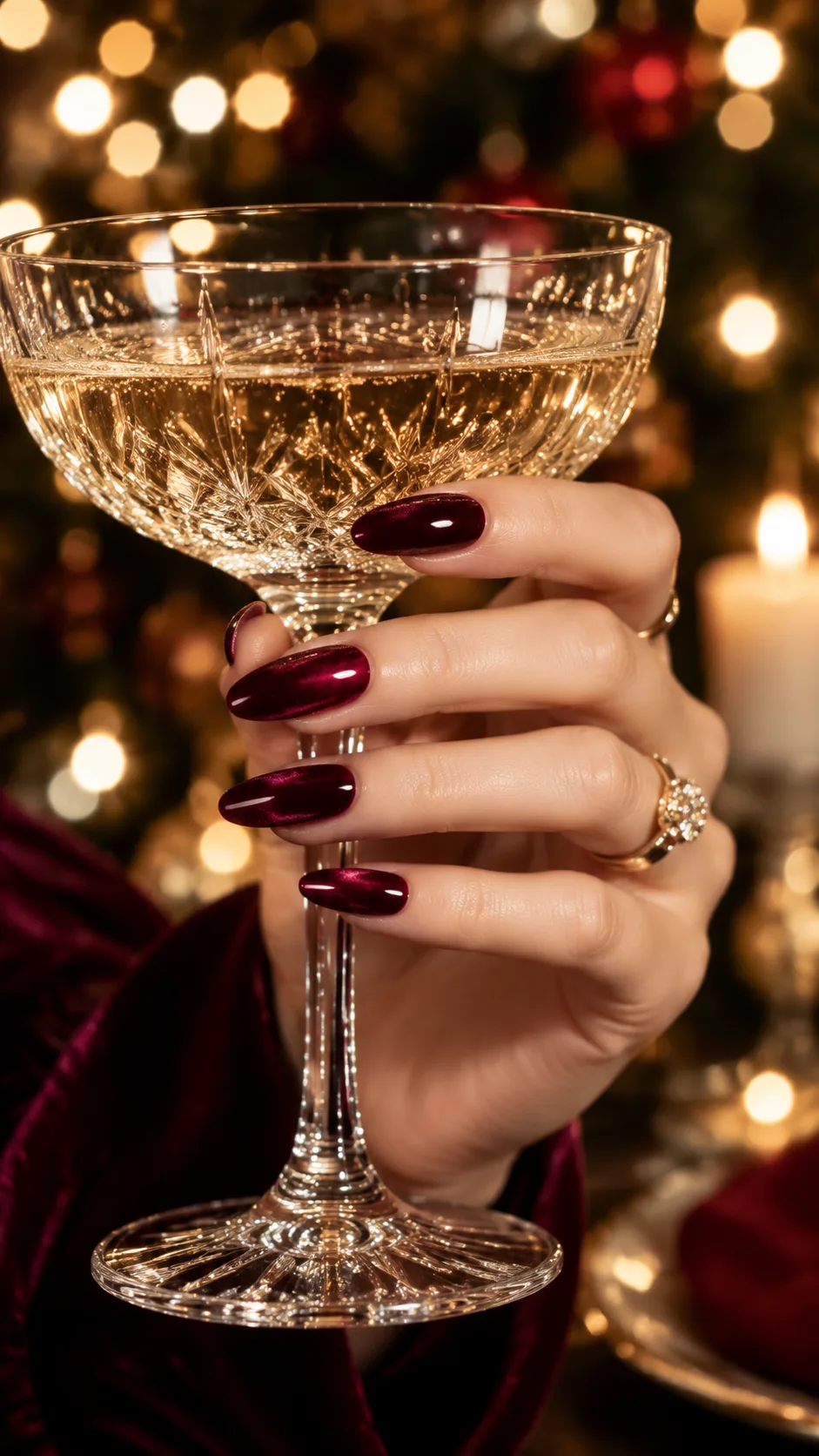 Editorial macro close-up of a hand with luxurious deep burgundy velvet nails holding a vintage cut-crystal champagne coupe against a backdrop of soft warm holiday bokeh lights