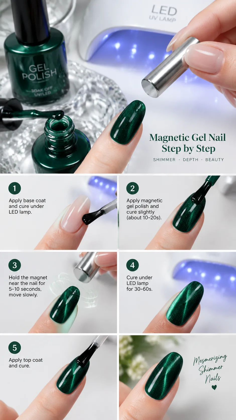 Step by step beauty flatlay showing a hand using a cylindrical silver neodymium magnet over wet emerald green gel nail polish with an LED curing lamp in the background