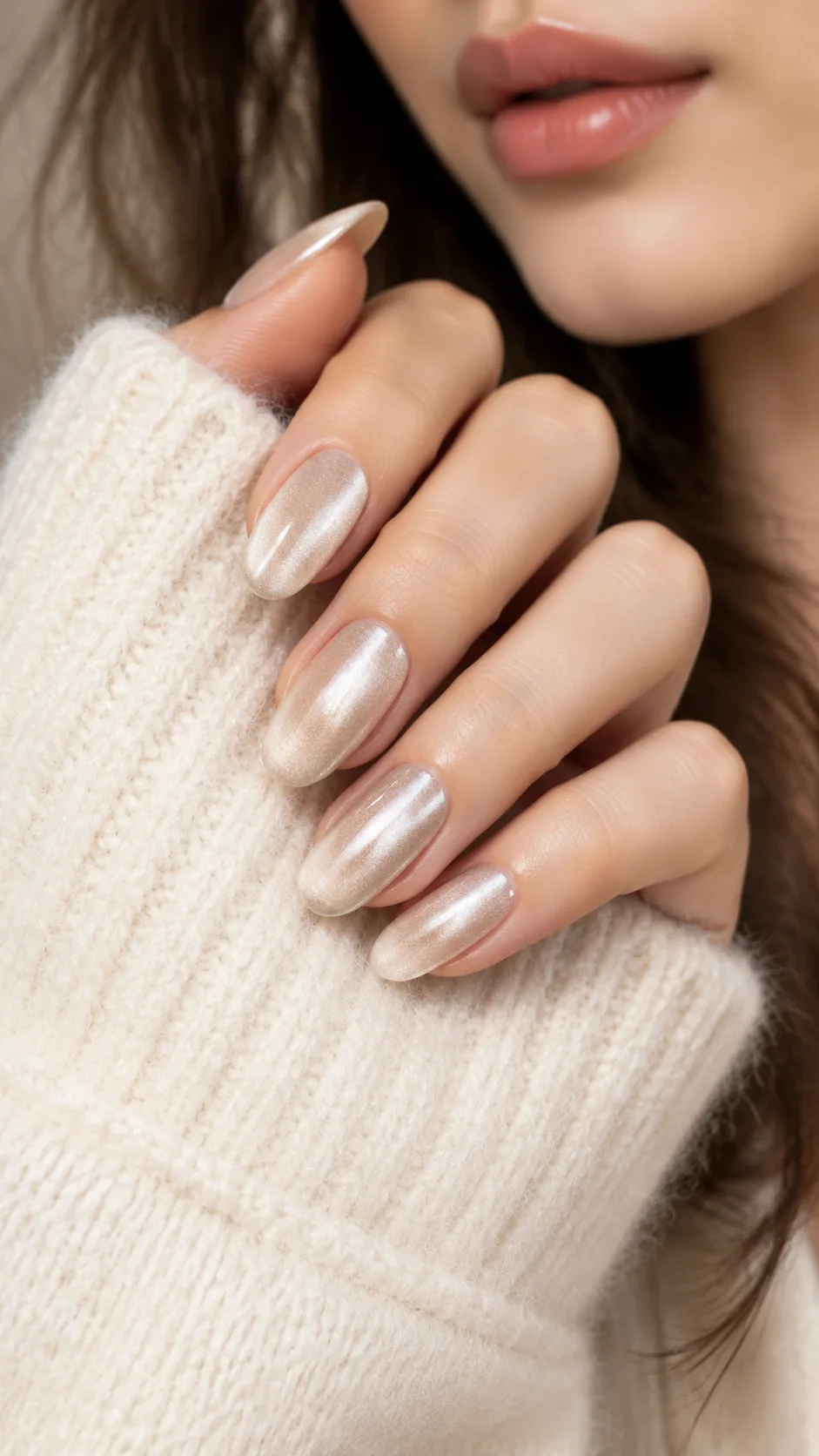 High fashion beauty shot of a woman with frosted cashmere champagne velvet nails holding a soft ivory wool sweater cuff close up on flawless cuticle work