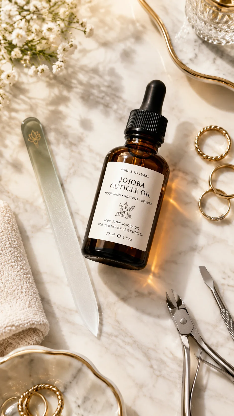 Flatlay of high end manicure tools including amber dropper bottle of jojoba cuticle oil, crystal nail file, and gold rings on a marble countertop